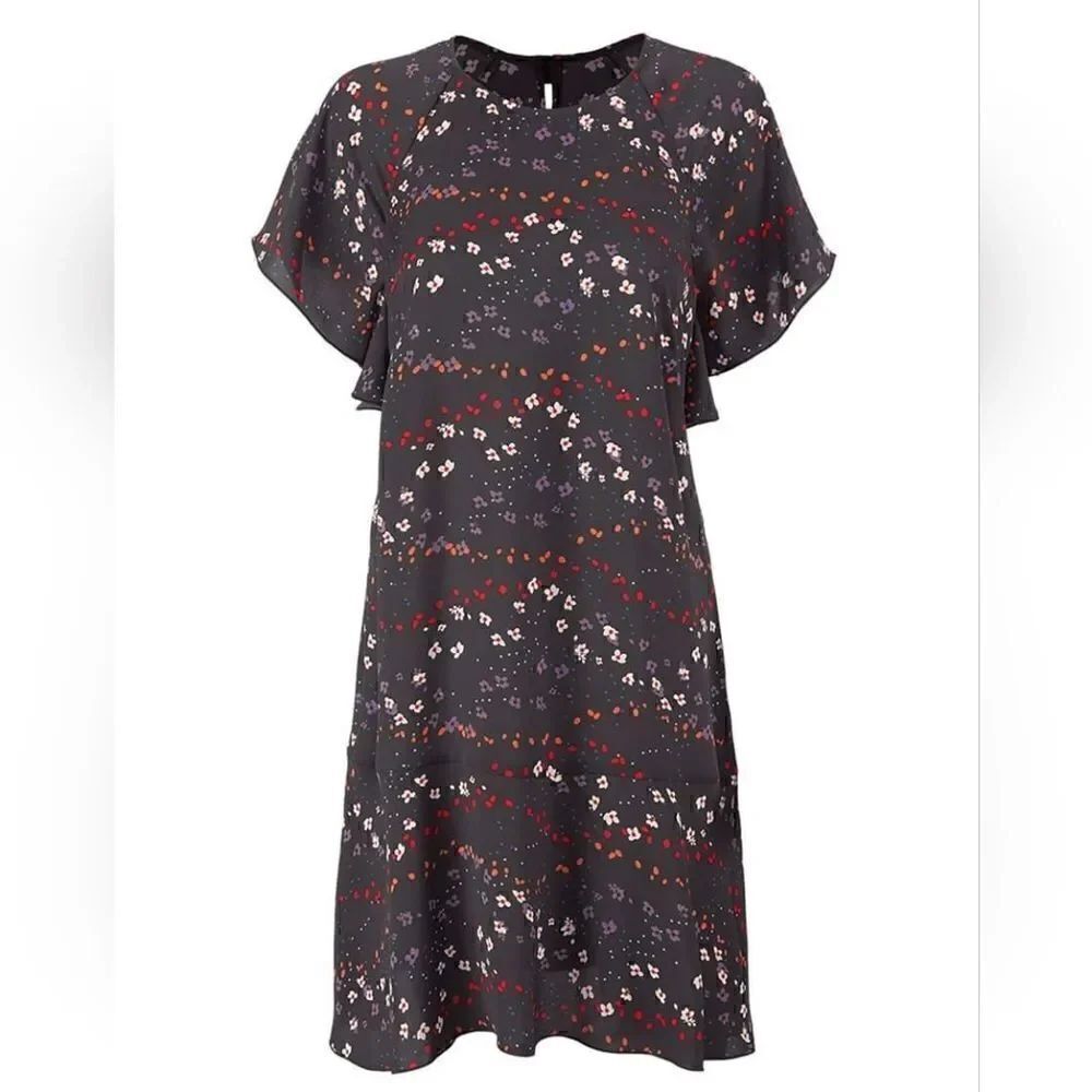 Cabi Muse Micro Floral Ruffle Dress Womens Small Gray 3828